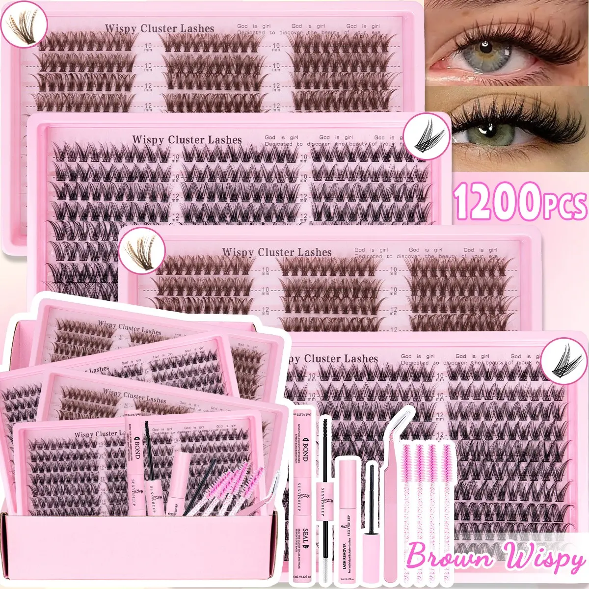 Lash Clusters Kit, Beginner Friendly Eyelashes, Wispy, Natural, Brown Volume, Dark Brown Waterproof Lashes with Bond Seal Tweezers Lash Brushes for Beginners & Pros, Easy DIY at Home, Soft Comfortable Easy Apply Natural Look for Daily Makeup