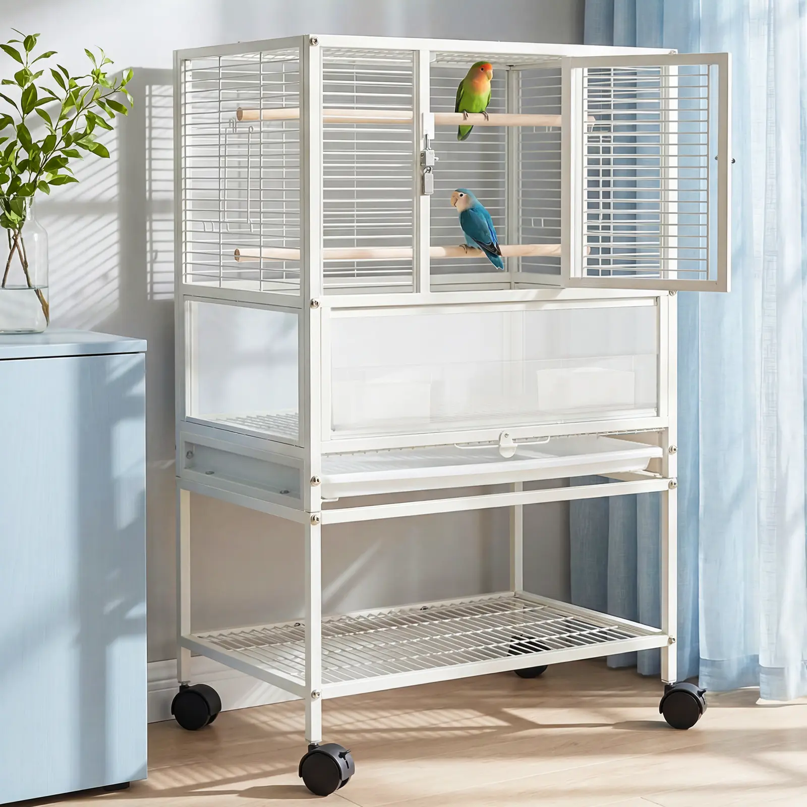 32" Acrylic Bird Cage – Panoramic View, Lockable Wheels & Pull-Out Tray – for Parakeets/Cockatiels/Lovebirds – White, 19×18×32"