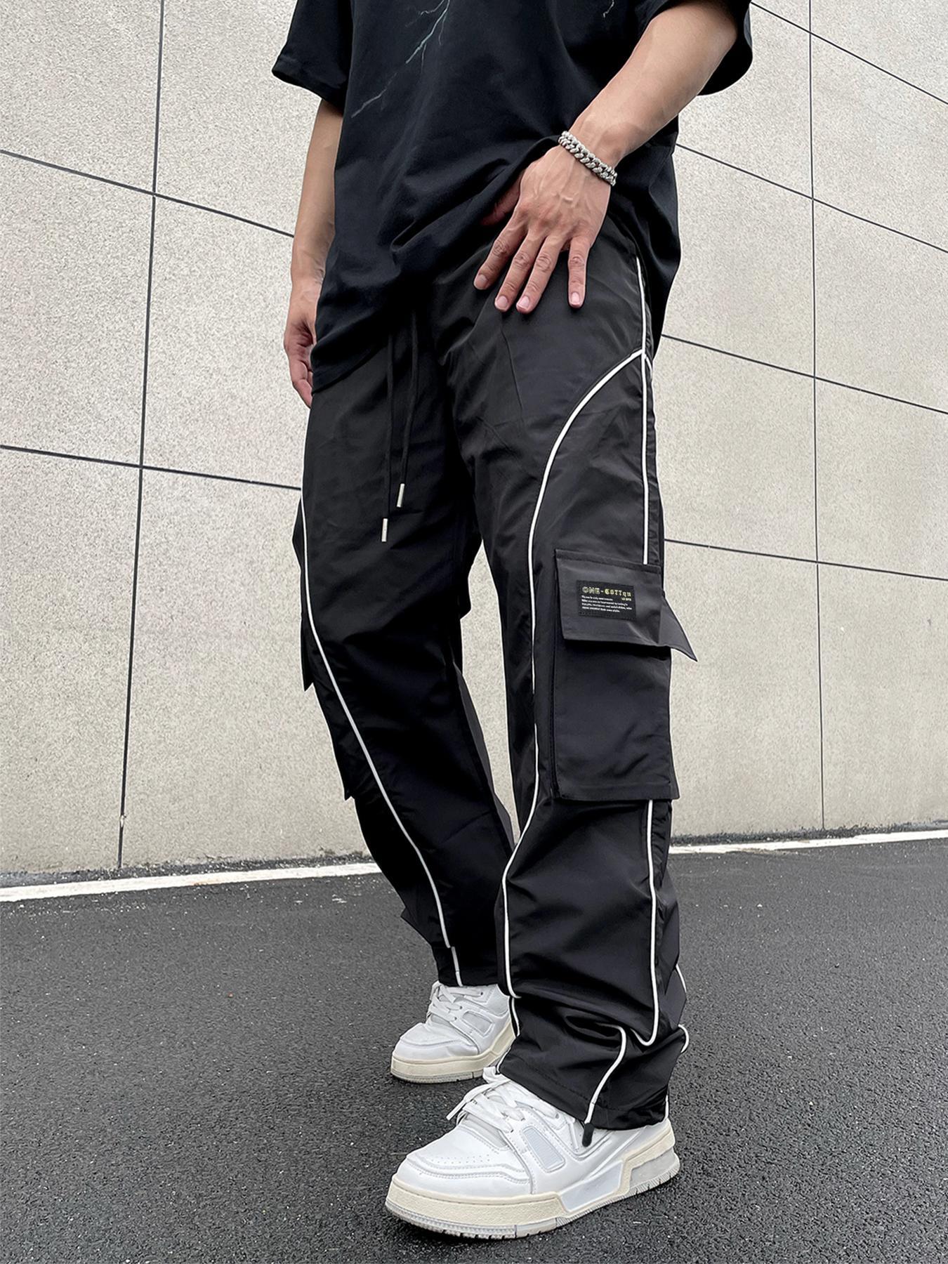 Men's Loose Letter Patched Contrast Binding Pocket Detail Drawstring Cargo Pants, Mens Pants, Casual Trousers for Spring Fall Winter