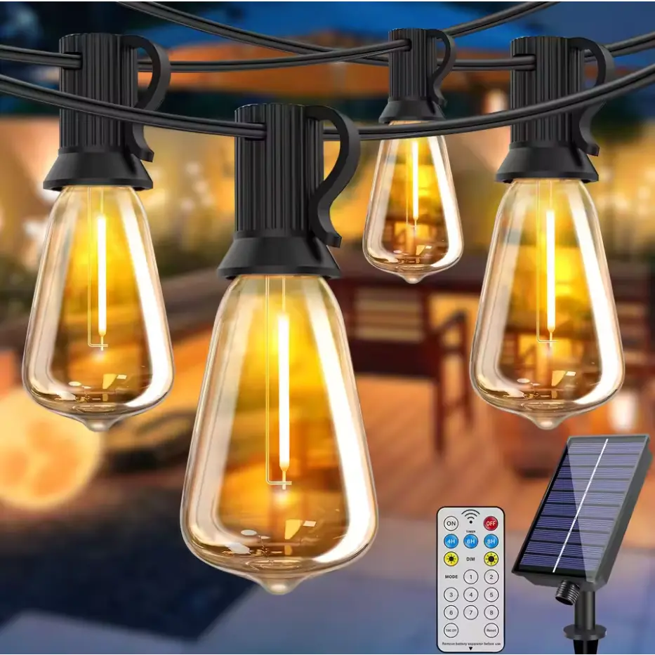 50FT Solar String Lights Outdoor Waterproof Patio Lights with Remote and 25+1 LED Shatterproof Bulbs, 8 Modes Dimmable & Timer Solar Lights for Backyard Porch Garden Wedding Christmas Halloween Decorative
