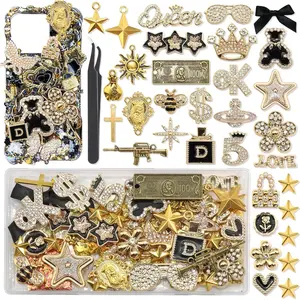 Gold Junk Case Charms Kit, Junk Phone Cases with Big Charm Sparkly Rhinestone Star Cross Jewelry Making Charm Punk Aesthetic Big Decor for Customizing Case DIY Craft