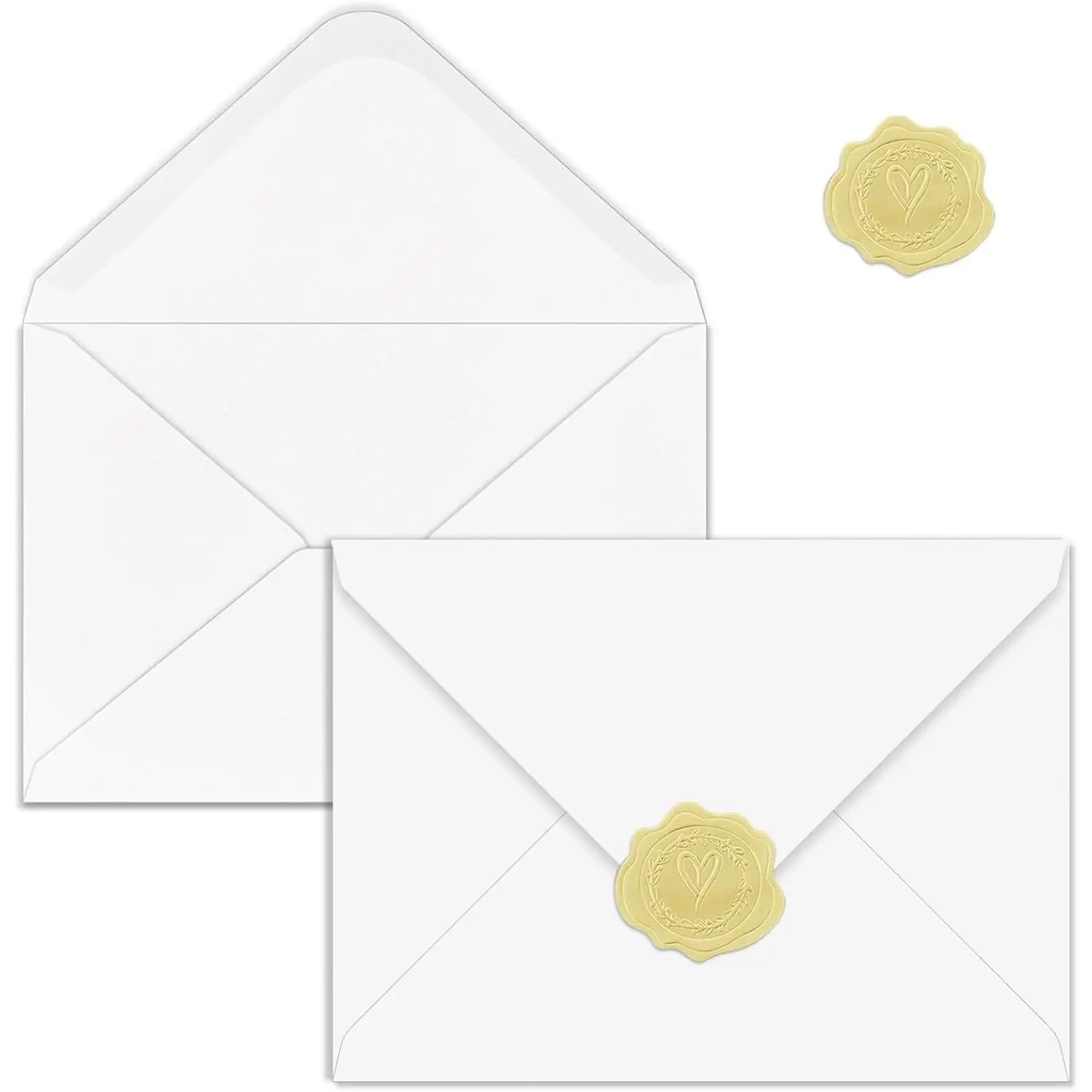50 Pack 5x7 A7 White Envelopes With Golden Stickers, V Flap Printable Self Seal Envelopes for Invitations, 5x7 Cards, Postcards, Greeting Cards, Wedding Mailing
