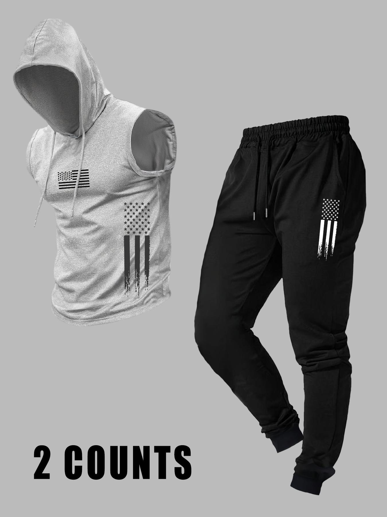 Men's Casual Hooded Vest with Long Pants, Comfortable Fitted Knit Fabric for Fall Season, Stylish Set for Everyday Wear, Activewear