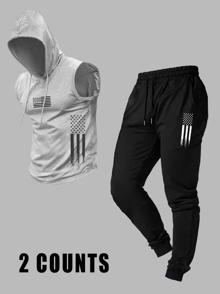 Men's Casual Hooded Vest with Long Pants, Comfortable Fitted Knit Fabric for Fall Season, Stylish Set for Everyday Wear, Activewear