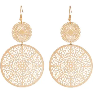 Filigree Double Round Disc Drop Earrings - Metallic Brass Dangle Hook Earrings