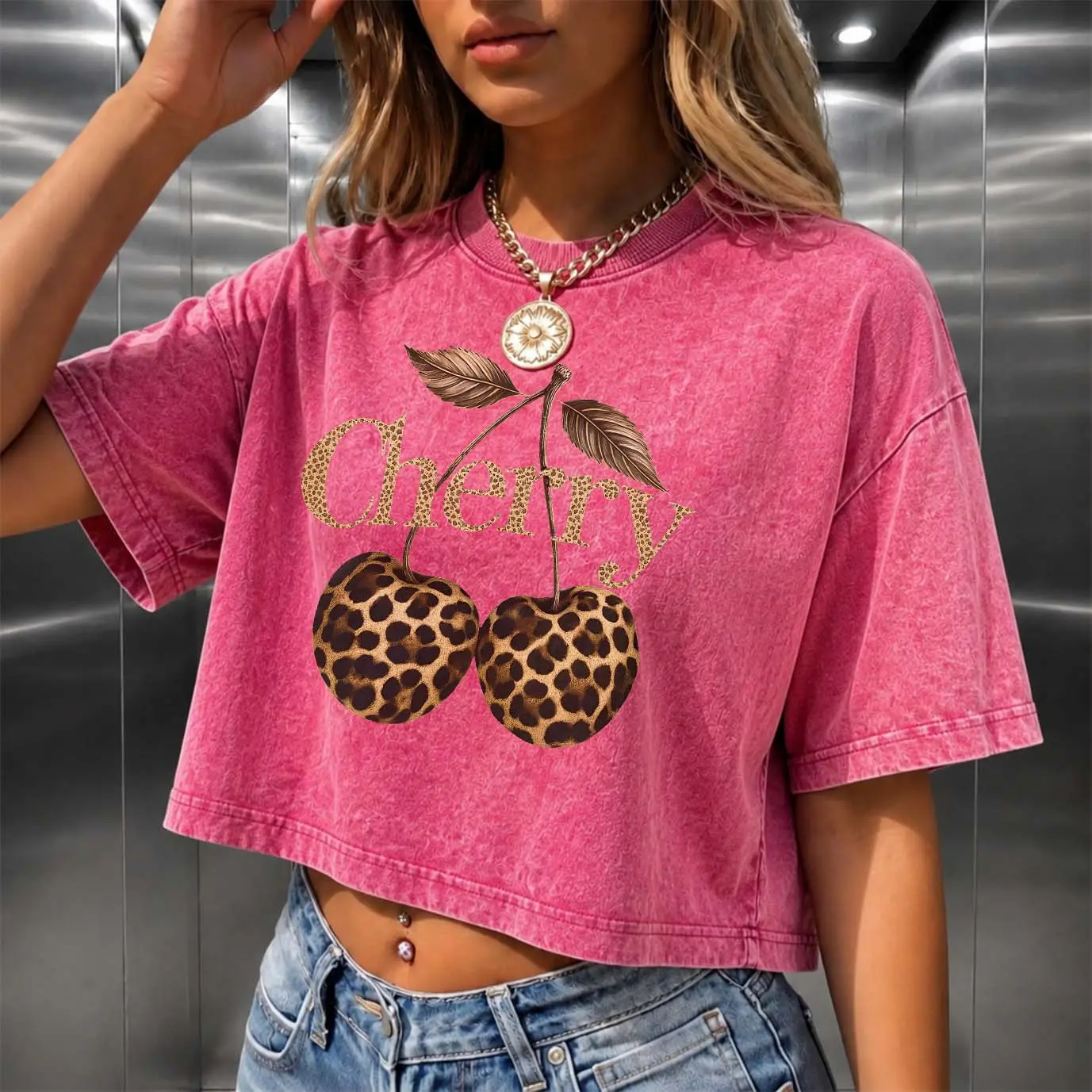 Women’s Leopard-Print Cherry Shade Print Acid Wash Cropped T-Shirt, Vintage Garment Washed Cotton Slim Fit Crop Top, Soft Breathable Summer Streetwear Basic Tee for Daily Wear and Casual Outfit Styling
