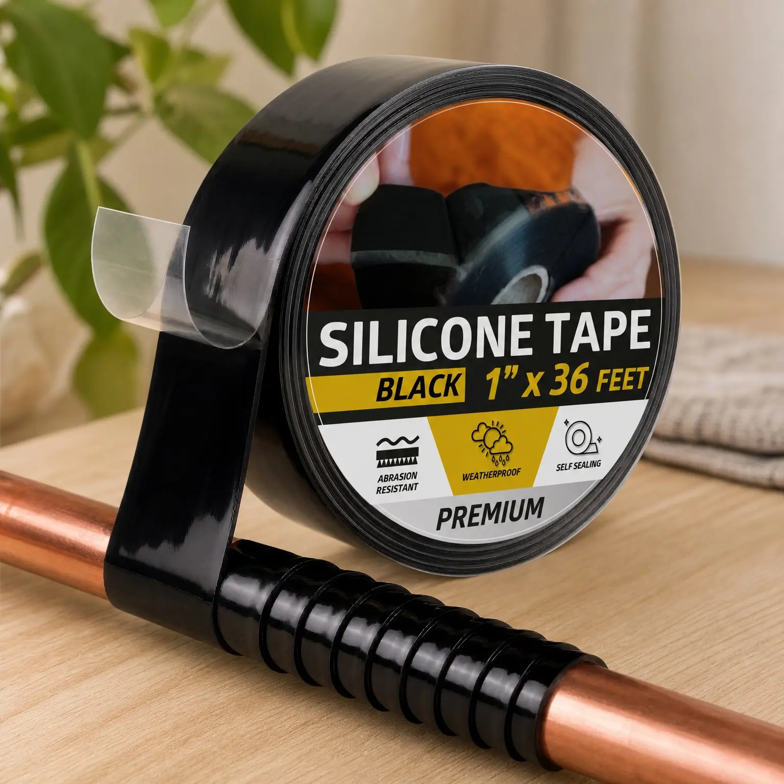 Self Fusing Silicone Tape Waterproof – 1" x 36 Feet Black, Self Amalgamating Tape, Silicone Rubber for Plumbing, Sealing Pipes, Hose Repair, Outdoor Coax and Electrical Cables – Weatherproof