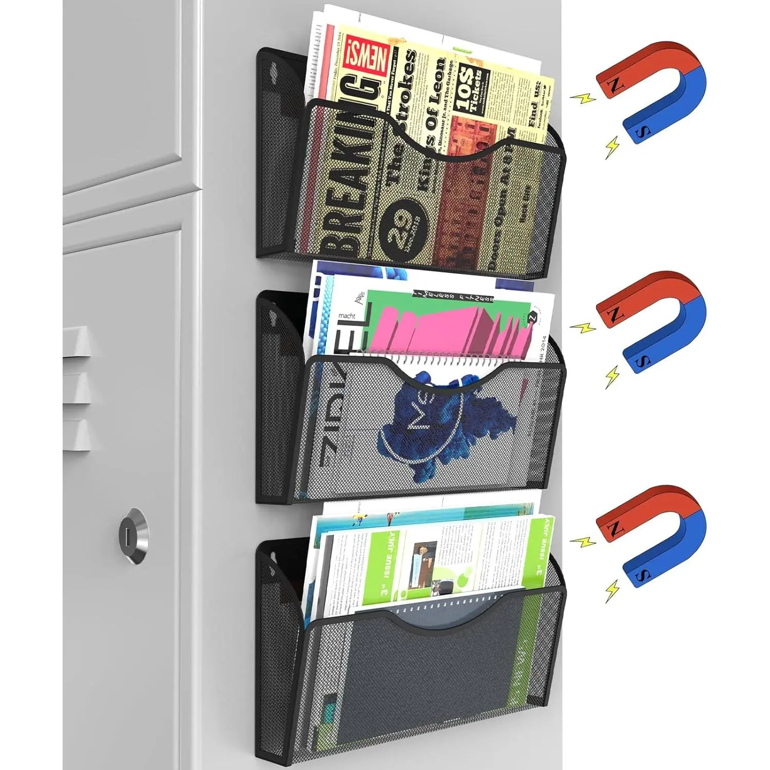 3PCS Magnetic File Holder Wall File Folder Organizer, No Drilling Hanging Magazine Rack for Refrigerator Office, Magnetic Organizer for Document Paper Mail, Black