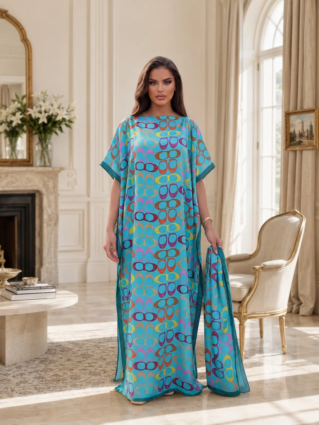2026 Women Elegant Geometric Print Satin Silk Robe Set, Hooded Wrap Shawl Dress with Matching Headscarf, Ladies All Season Casual Beach Cover Up Sun Protection Bathing Suit Wrap Robe