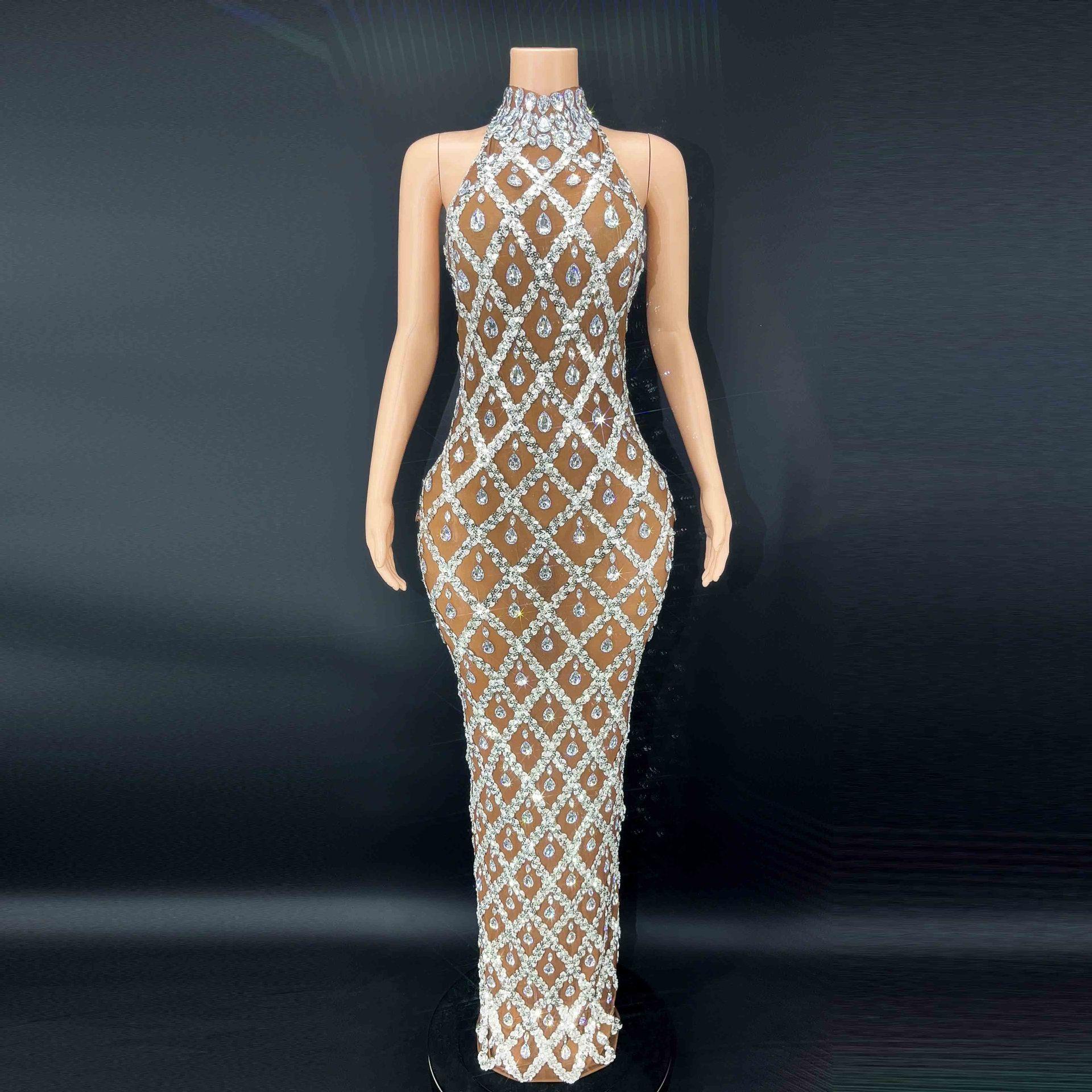 Sexy shiny rhinestone silver dress plus size women's party dress neck fishtail dress formal dresses women wrap dress prom