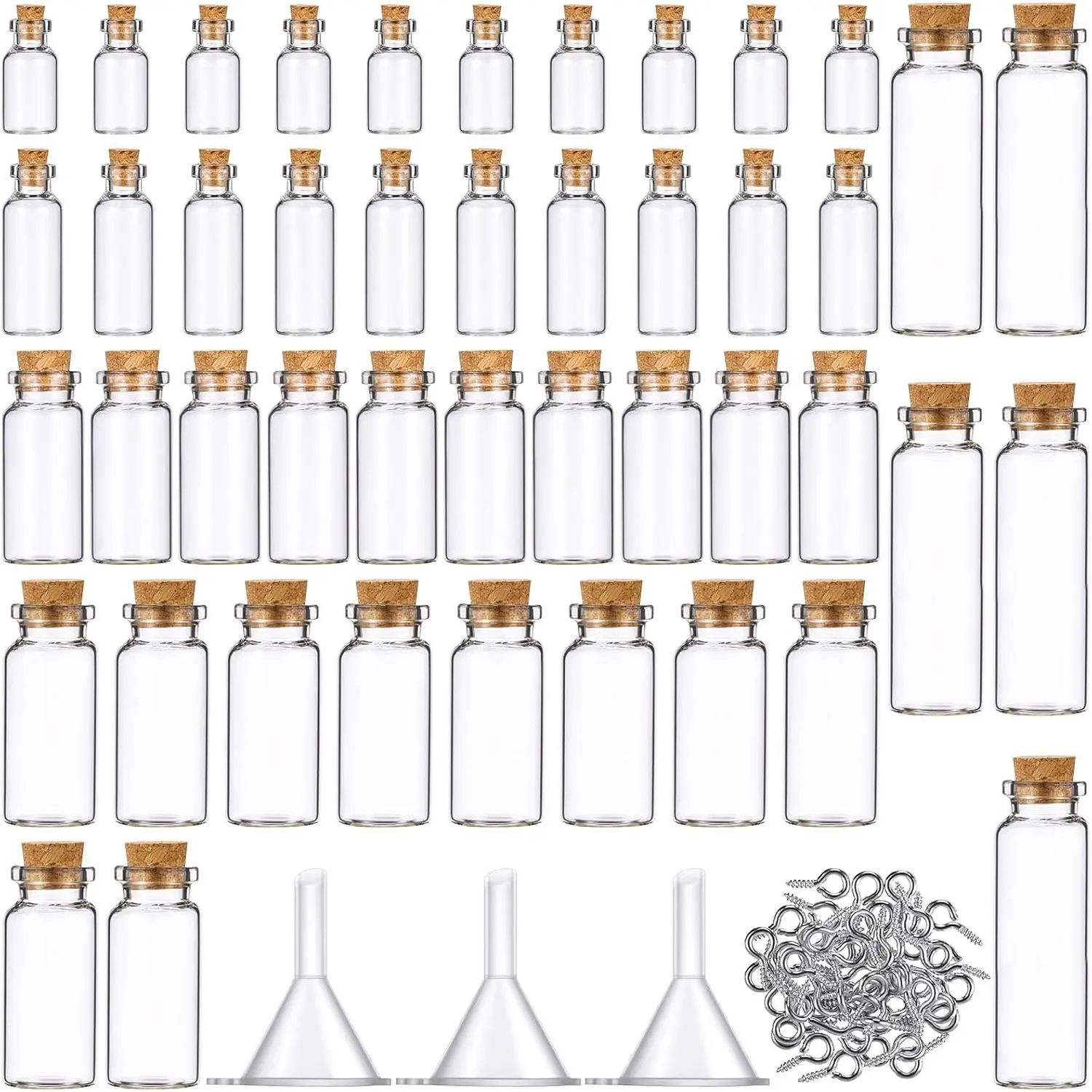 Mini Cylinder Glass Jars with Cork Stoppers, 45 Pcs Multi-Size Set for DIY Crafts & Party Favors, Includes Eye Screws & Funnels (1-15ml), Mini Cylinders, With Stopper