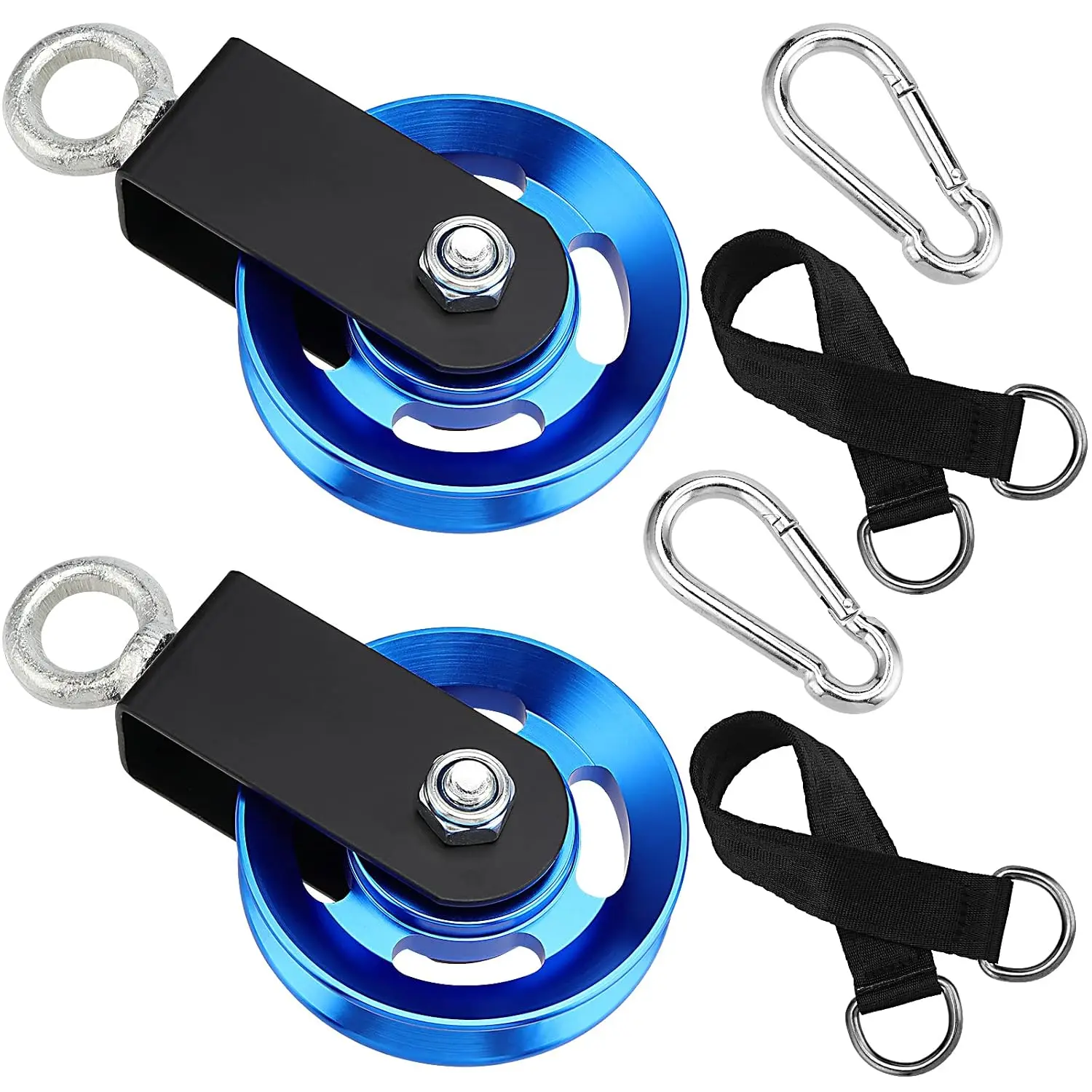 2 Pack 3.5 Inch  Pulley Wheel,   Pulleys with  Strap and Snap Hook, 360° Rotation Snatch Block Pulley Wheel for  Gym Equipment, DIY, Blue