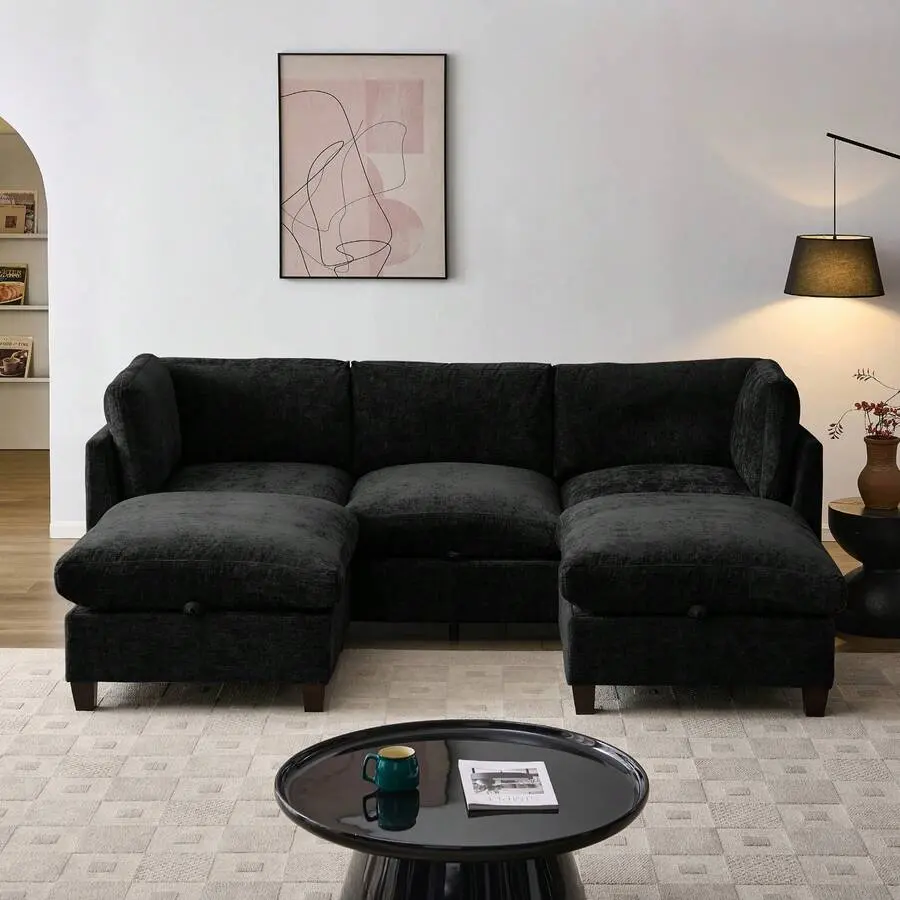 Rhomtree 96.5" Sectional Couch Living Room, Upholstered Soft Chenille Sofa With Storage, 3-Seater With Two Ottomans U Shape Sofa