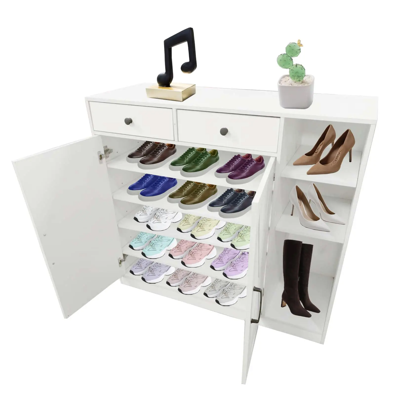 Garvee Shoe Storage Cabinet, Modern Farmhouse Shoe Rack Organizer with 6 Adjustable Shelves & 2 Drawers, Freestanding Entryway Cabinet for Living Room, Mudroom, Hallway, White