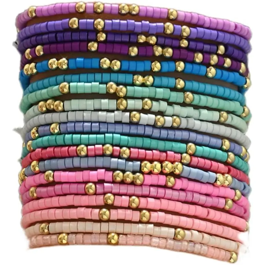Cute  Colorful  Seed Beads Stackable Bracelets Set Bohemian  Beaded Elastic Multilayered Stretch Bracelet for Women Rainbow Surfer Boho Beach