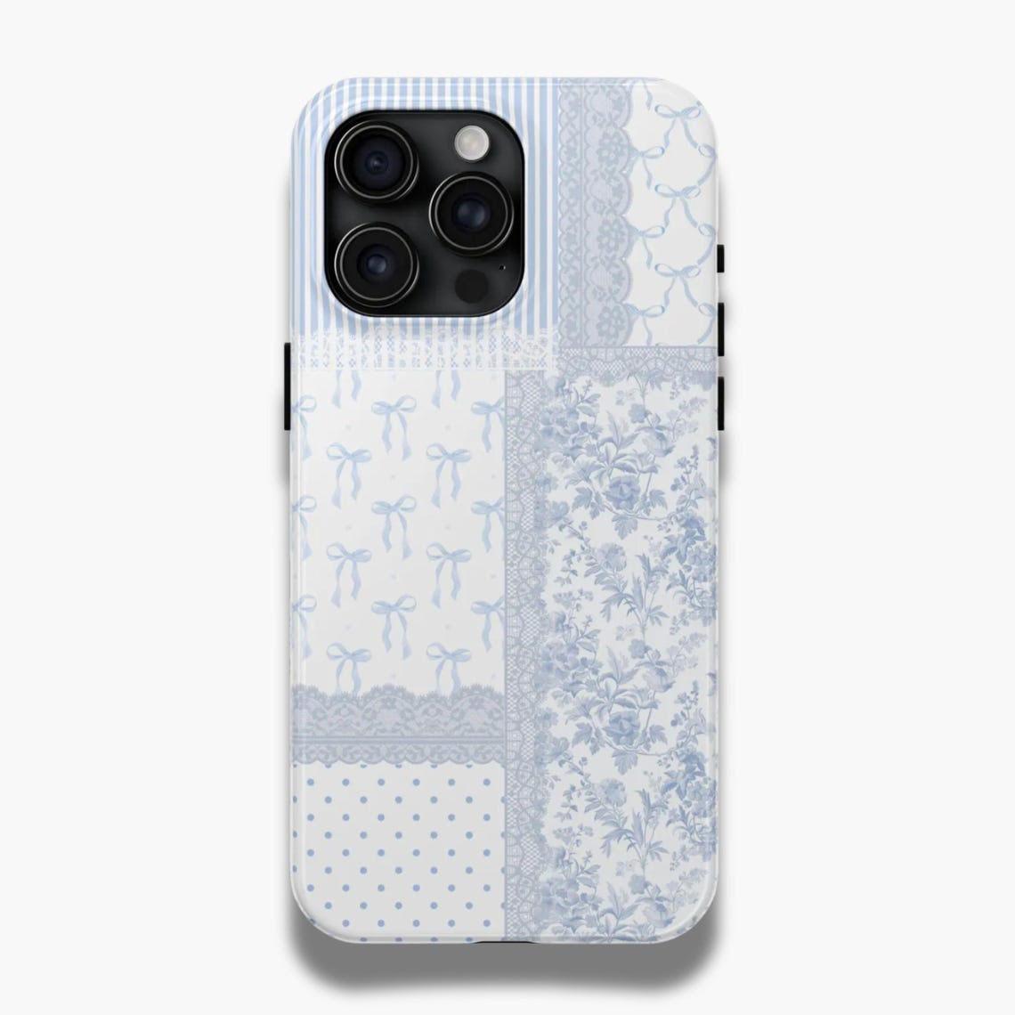 Pastel Blue Patchwork iPhone Case Collection - Toile, Bow, Cow Print, Floral & Lace Aesthetic - Slim, Durable Cover for iPhone  17 Pro Max Plus Air/16/15/14/13/12/11/X and other series models. Can be given as a holiday gift to friends or family.