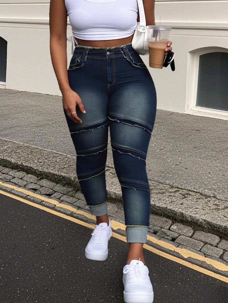 [Plus Size] Raw Hem Pocket High Waisted Denim Jeans, Casual Comfy Slim-fitting Trousers for Daily Wear, Women's Bottoms for Summer