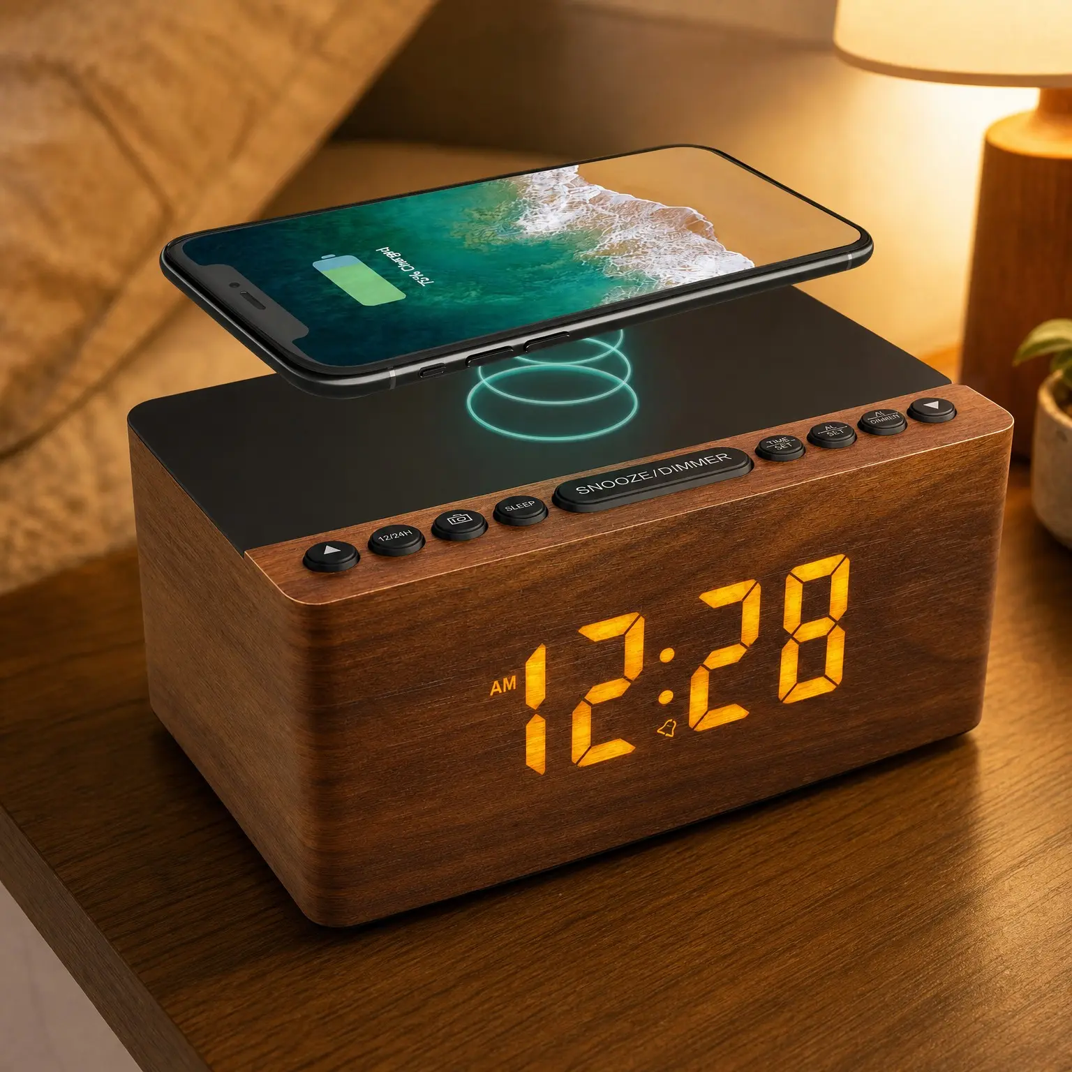 Wooden Digital LED Alarm Clock FM Radio, Fast Wireless Charging Station for Smartphones, 5-Level Dimmer, USB Charging Port, 9 Sounds, Sleep Timer for Bedroom, Bedside, Desk