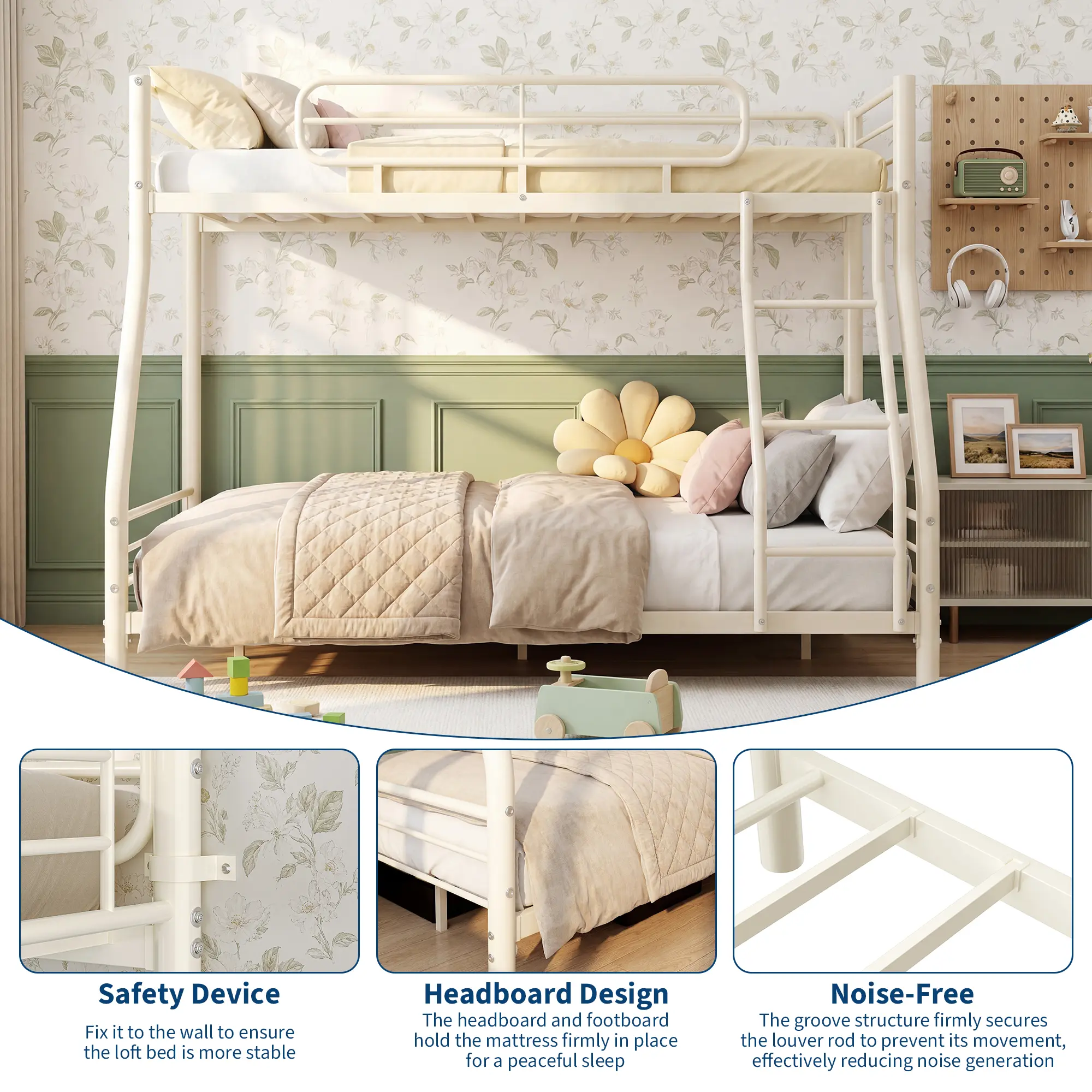 Heavy-Duty Twin-over-Full Bunk Bed – Supports 450 lbs on Top & 500 lbs on Bottom, Reversible Ladder, 11.7" Safety Rails, Tool-Free Slot Assembly – Black, for Kids/Teens/Adults