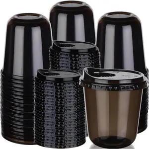 100 Sets Disposable Stemless Glasses With Strawless Sip , Drinking Cups,Clear Plastic Coffee Cup for Iced Coffee, Smoothie, Cold Beverage, Drink Shop and Christmas Party  (Black, 12 oz)