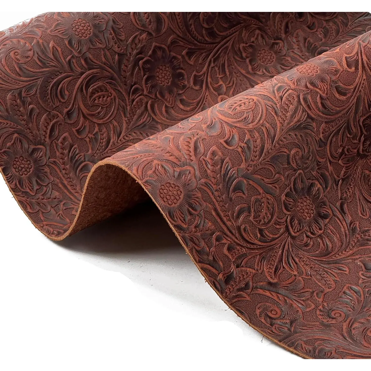 2.0mm(5-5.5oz) Genuine Leather Sheet, Western Style Bump Texture Geometric Pattern Floral Tooling Craft Leather for DIY Projects, Rust Red, 12"x24"