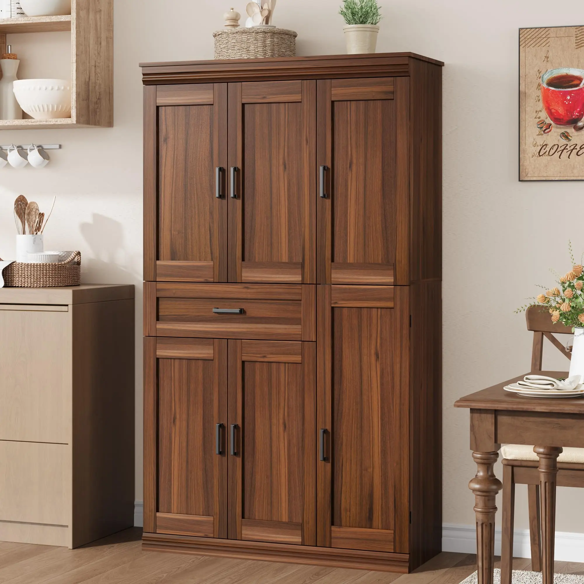70in Tall Kitchen Pantry Storage Cabinet with Adjustable Shelves and Drawer Modern Wooden Hutch for Dining Room Freestanding Food Cupboard