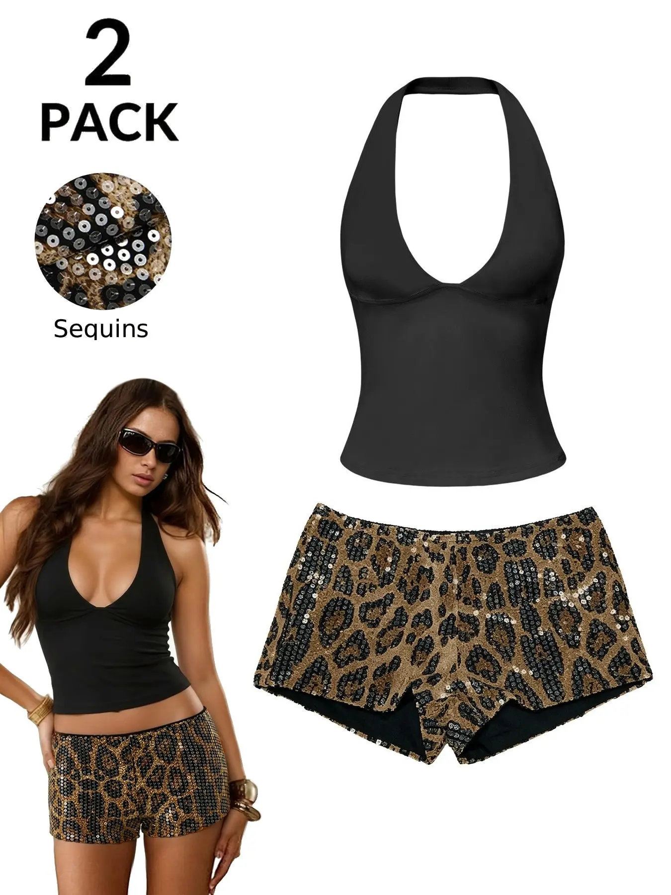 Women's Sexy Halter Top + Low Waist Leopard Print Mini Shorts Set Outfit, Chic Fashion Sequin Design, Perfect for Parties, Ideal Gift, Clothes