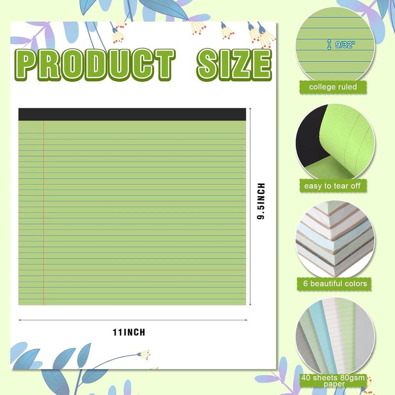 11" x 9.5" Legal Pads College Ruled Notepad Landscape Notebook Horizontal Lined Notebook 80 Gsm Assorted Colors Paper Pastel Writing Pads for School Office, 40 Sheet ( Color,6 Pcs)
