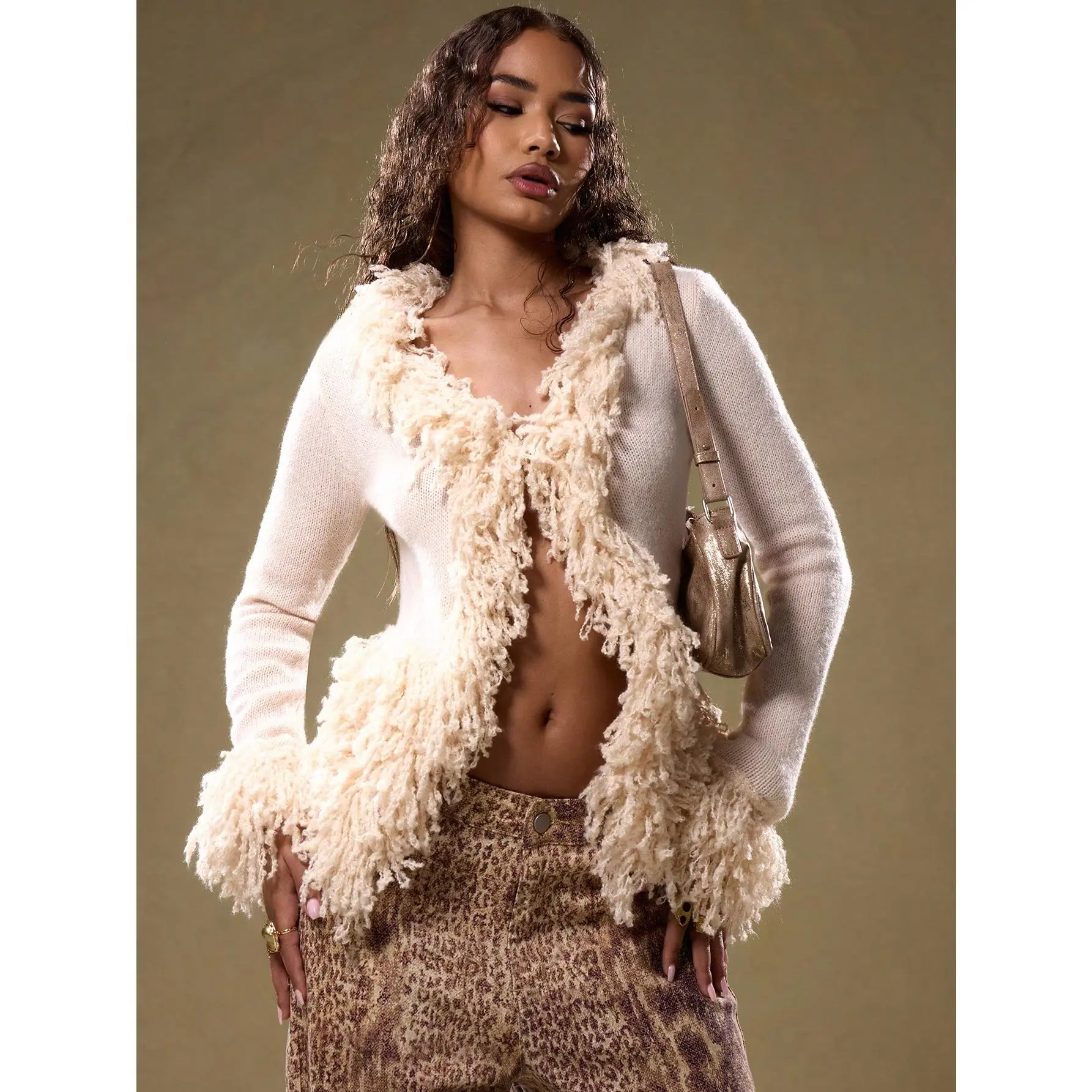 Fuzzy Trim Cardigan Sweater Goth Punk V Neck Long Sleeve Knit Outerwear