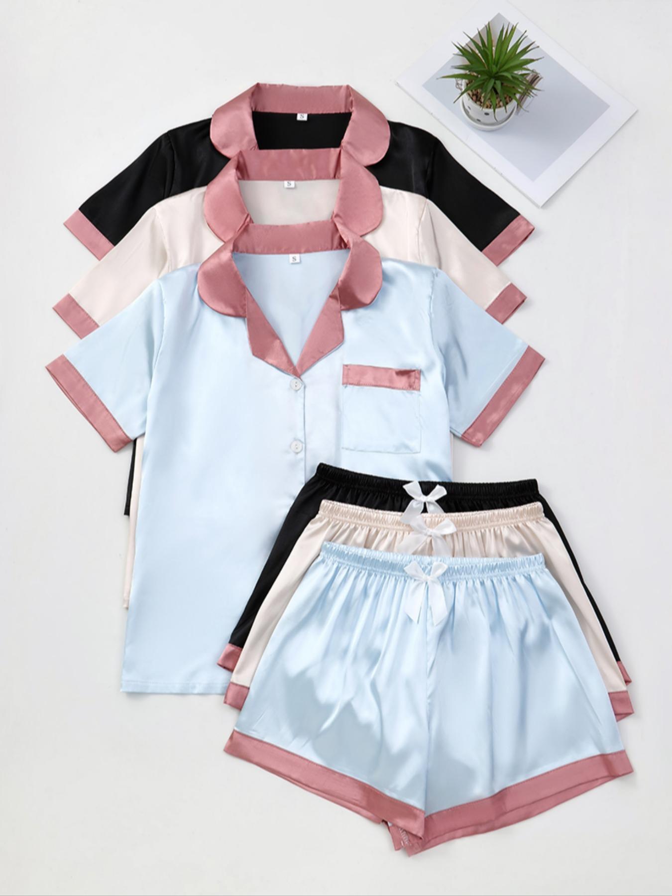 Women's Solid Contrast Binding Bow Decor Pajama Set, Short Sleeve Button Front Lapel Shirt & Shorts Pj Set, Ladies Summer Sleepwear & Loungewear