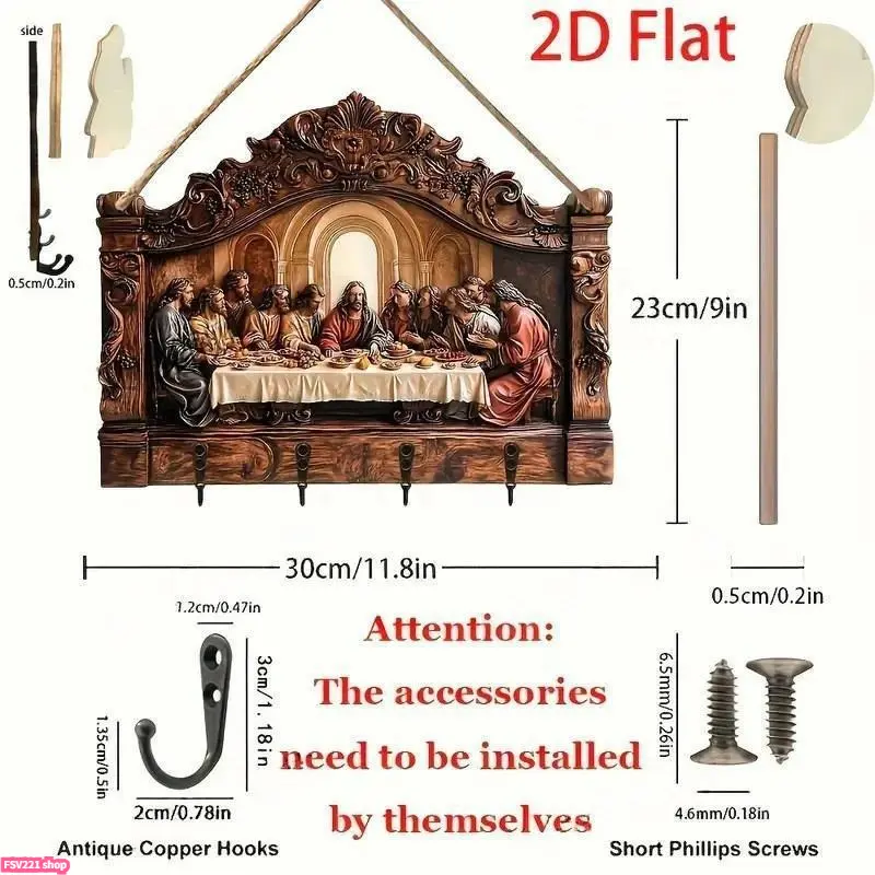 Flat Jesus and Disciples Wall Art Keychain 1 Piece Pack, Exquisite Religious Design with Four Metal Hooks, 10.4"x11.8" Artificial Wood & Metal Frame, Porch Welcome Sign, Farmhouse Style Seasonal Home Decor, Intricate Craftsmanship,gift Father's Day Gift s