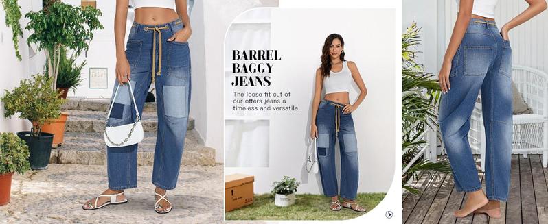 Imily Bela Womens Baggy Barrel Horseshoe Jeans Wide Leg Patchwork Low Rise Denim Pants with Pockets Casual & Formal Style