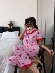 Valentine's Day Women's Sleepwear Pajama Set, Ruffle Short Sleeve Soft Button Up Top & Elastic Waist Long Pants, Casual Home Wear, Loungewear