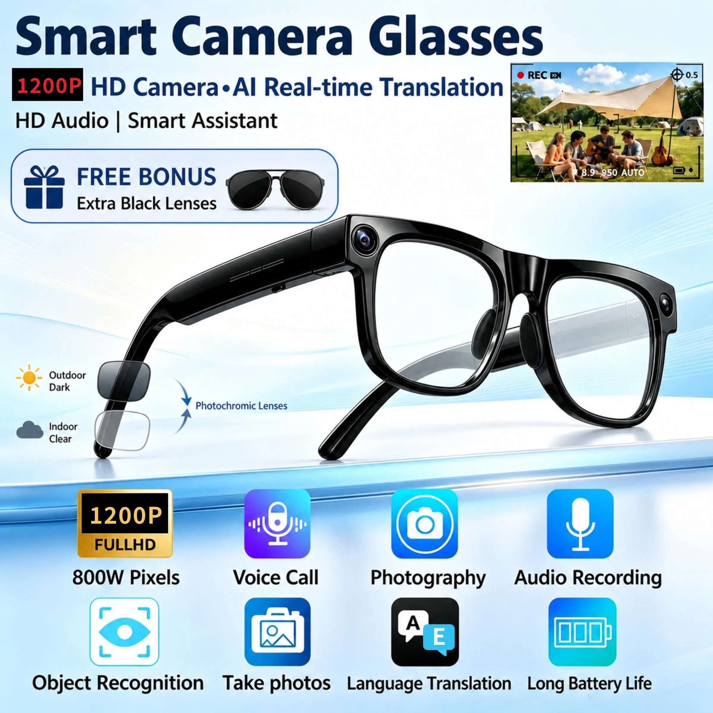 AI smart glasses, wireless calling, translation function, high-definition camera 8MP, color changing glasses, translation, photo translation, ideal Christmas gifts for video calls, meetings, games, travel, professionals, and couples