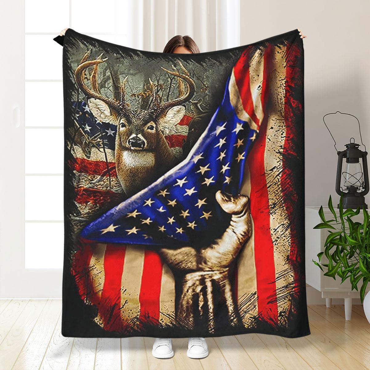 American Flag & Deer Pattern Blanket, 1 Count Soft Warm Throw Blanket, Lightweight Cozy Blanket, Air-conditioned Room Blanket, Warm Nap Blanket for Home & Office & Travel