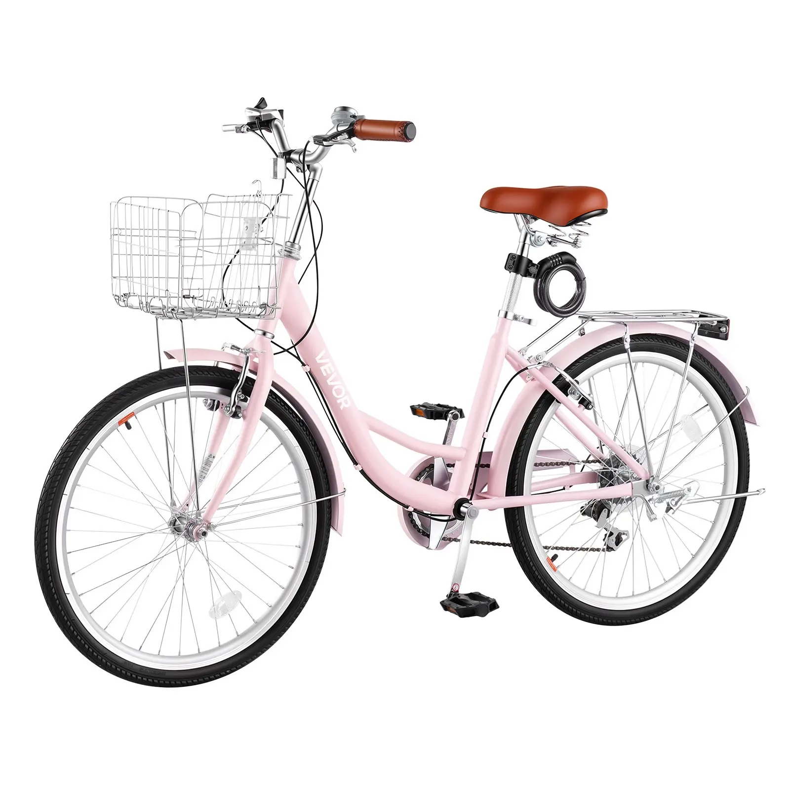 VEVOR Women Bike, 24 in Beach Cruiser Bike, 7-Speed Adult City Bicycle with Carbon Steel Frame, 330 lbs Capacity, Basket, Rear Rack Dual V-Brakes, Pink