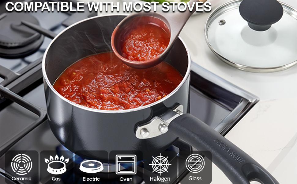 Home Nonstick Sauce Pan with Glass Lid 2-Qt, Multi-purpose Pot Saucepan Kitchenware, Black, Aluminum