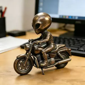 Alien Biker Resin Statue, Green Space Rider on Vintage Cruiser Motorcycle, Sci-Fi Desktop Figurine, Unique Gift for Motorcycle & UFO Lovers