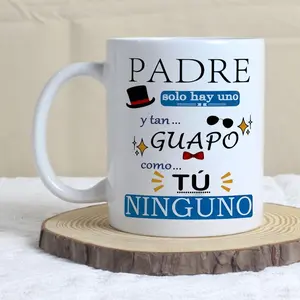 Glossy Reusable Ceramic Coffee Mug - 11oz/15oz Beverage Drink Cup with "Padre Solo Hay Uno" "Guapo Como Tu" Quotes, Washable Latino Dad Gift from Daughter/Son for Birthdays