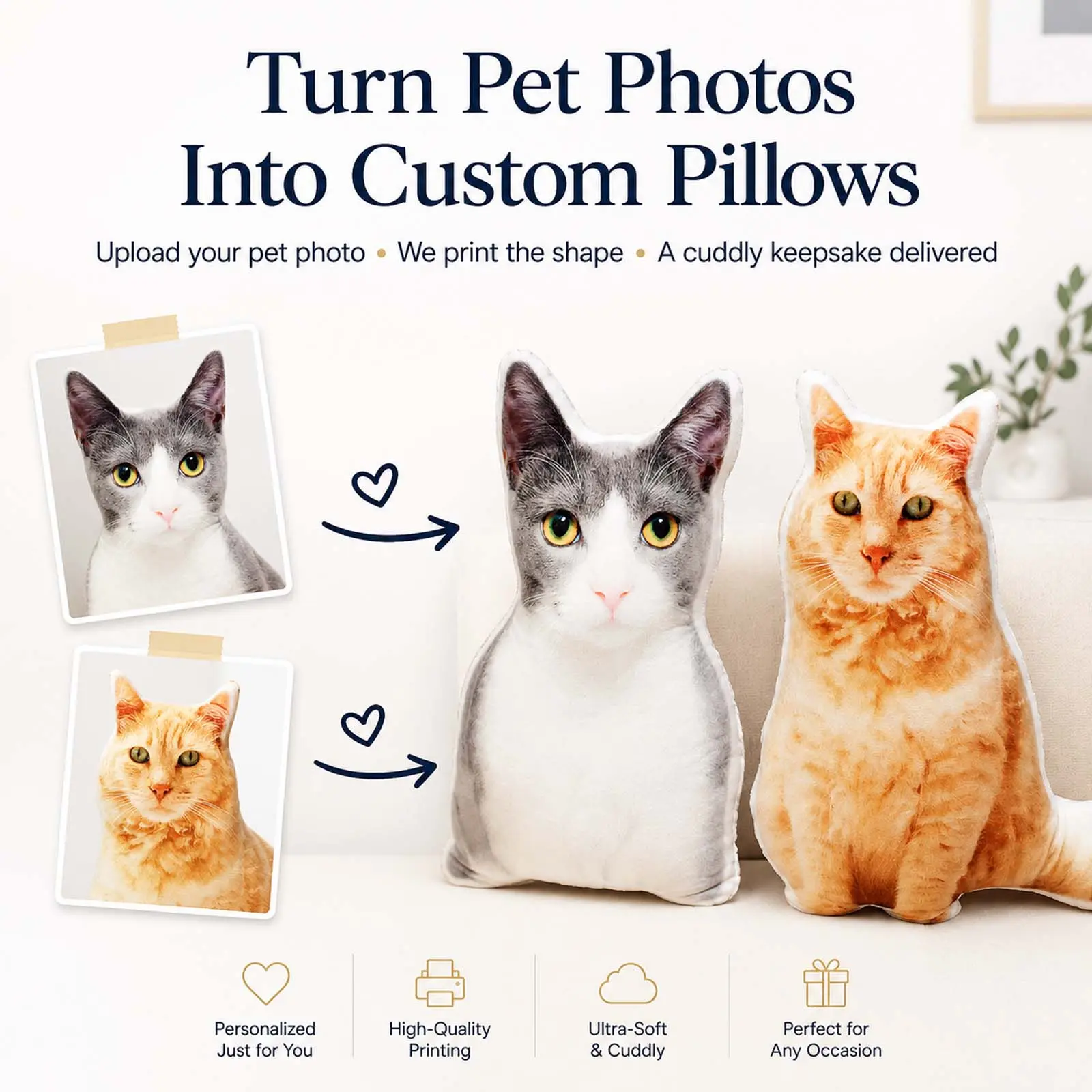 Custom Pet Photo Pillow for Cat Lovers, Personalized Shaped Throw Pillow from Your Picture, Cute Cat Memorial Cushion, Soft Decorative Accent Pillow for Sofa, Bed, Home Decor, Birthday, Holiday, Sympathy Gift for Pet Owners