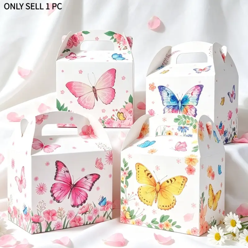 12PCS Butterfly Floral Print Treat Boxes with Handles - Cute Paper Goody Bags for Kids Birthday Parties, Baby Shower Favors, Spring/Easter Gifts & Party Supplies, Creative Gift Packaging