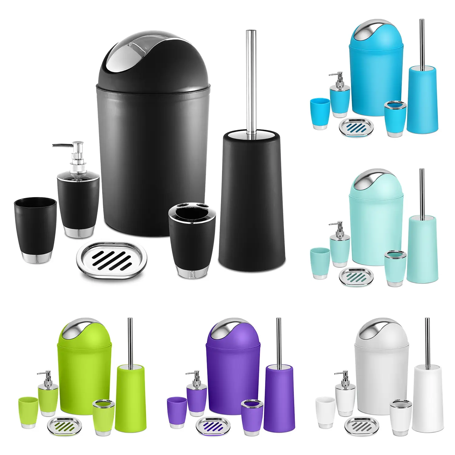 Bathroom Accessories Set For New Home Gifting 6 Pcs Bathroom Set Ensemble Complete Soap Dispenser Toothbrush Holder Tumbler Soap Dish Toilet Cleaning Brush Trash Can For Valentines