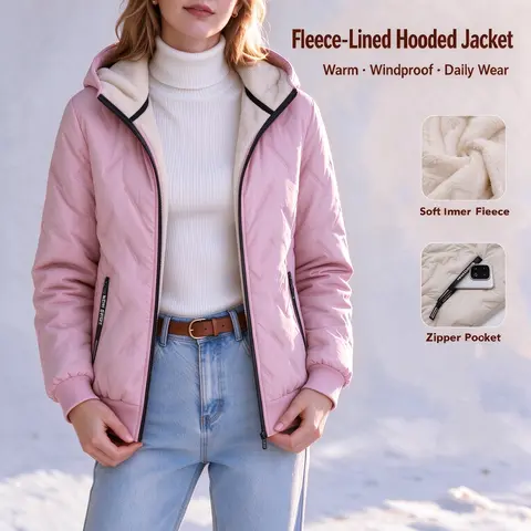 Women’s black fleece-lined hooded jacket, winter warm quilted outerwear with detachable hood, casual outer layer suitable for everyday wear