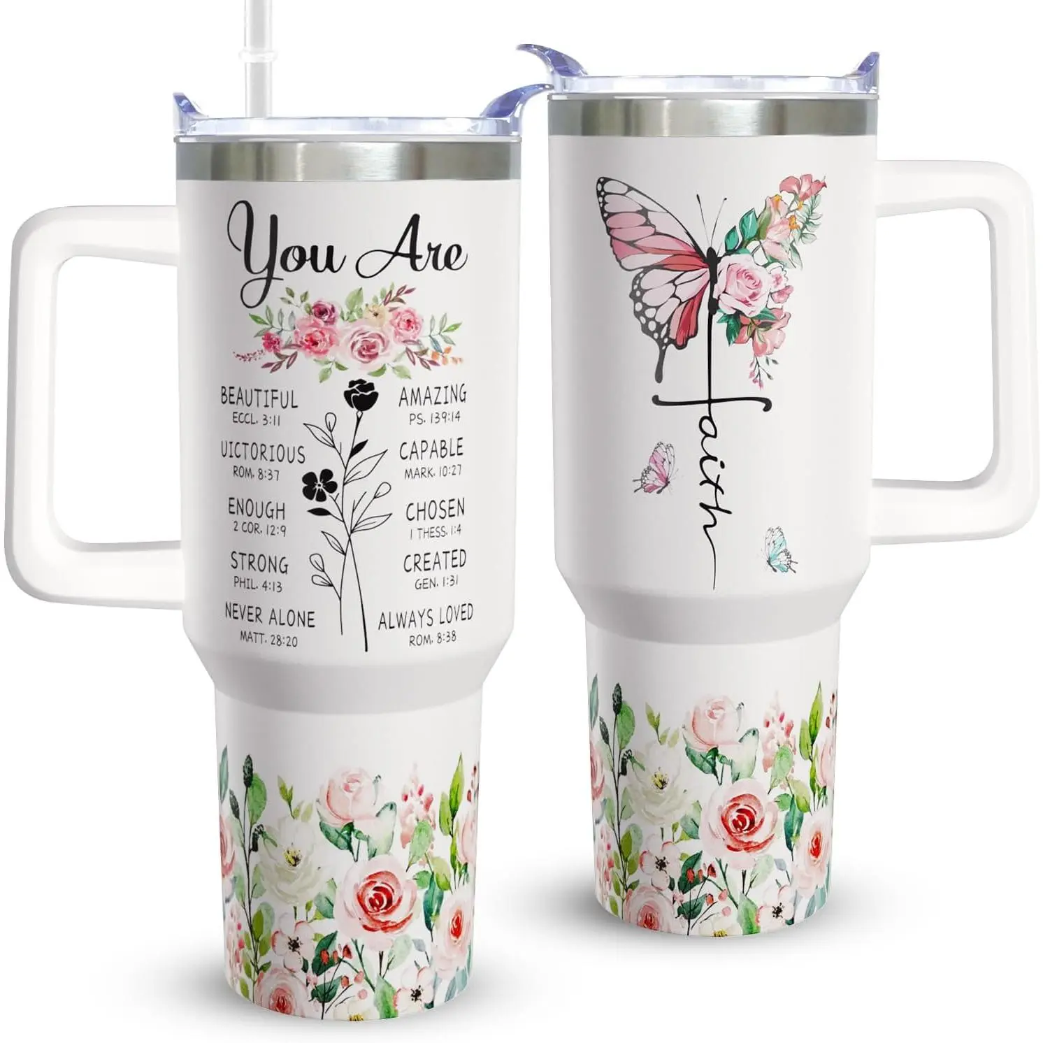 Watercolor Floral Butterfly Faith Cross You Are Beautiful Inspirational Bible Verses Print 20oz Handle Straw Stainless Steel Tumbler, Religious Encouragement Travel Coffee Mug, Halloween Christmas Gift For Christian Women