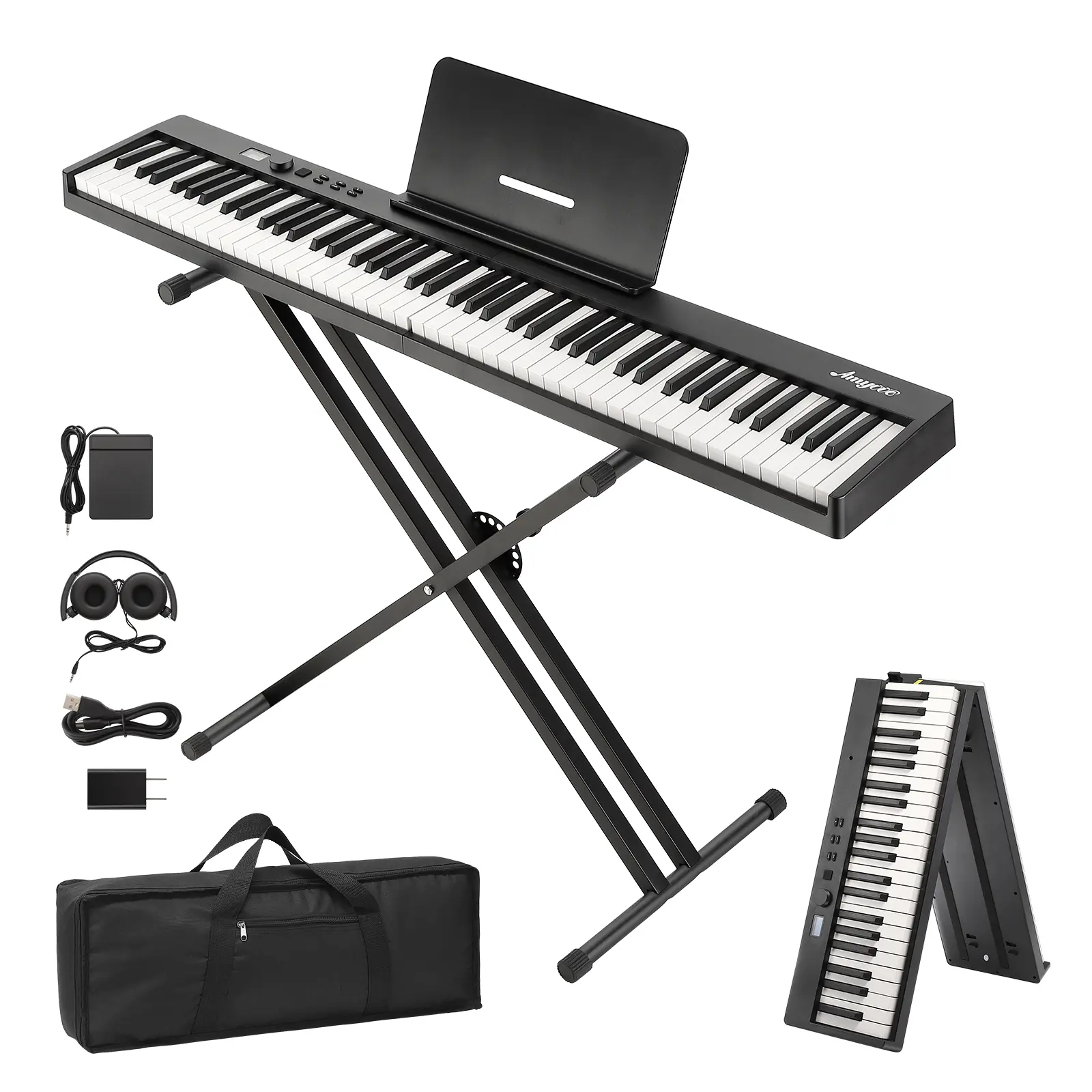 88-Key Collapsible Digital Piano Keyboard – Full-Size, Semi-Weighted, Touch Sensitive, 128 Tones, MIDI, Headphones, Maintain Pedal, Carrying Bag – Portable for Beginners & Experienced Players
