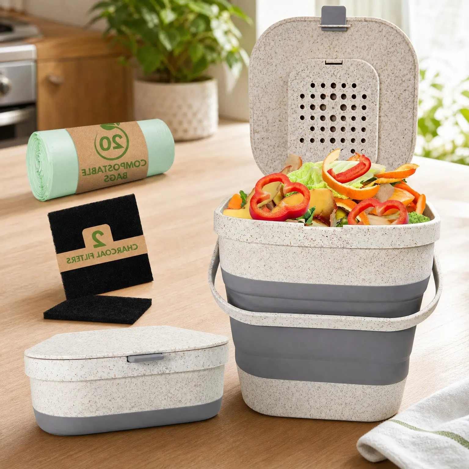 Collapsible 1 Gallon Kitchen Counter Compost Bin with Lid, Wheat Straw Odorless Countertop Caddy, Includes 20 Compost Bags and 2 Carbon FiltersGift
