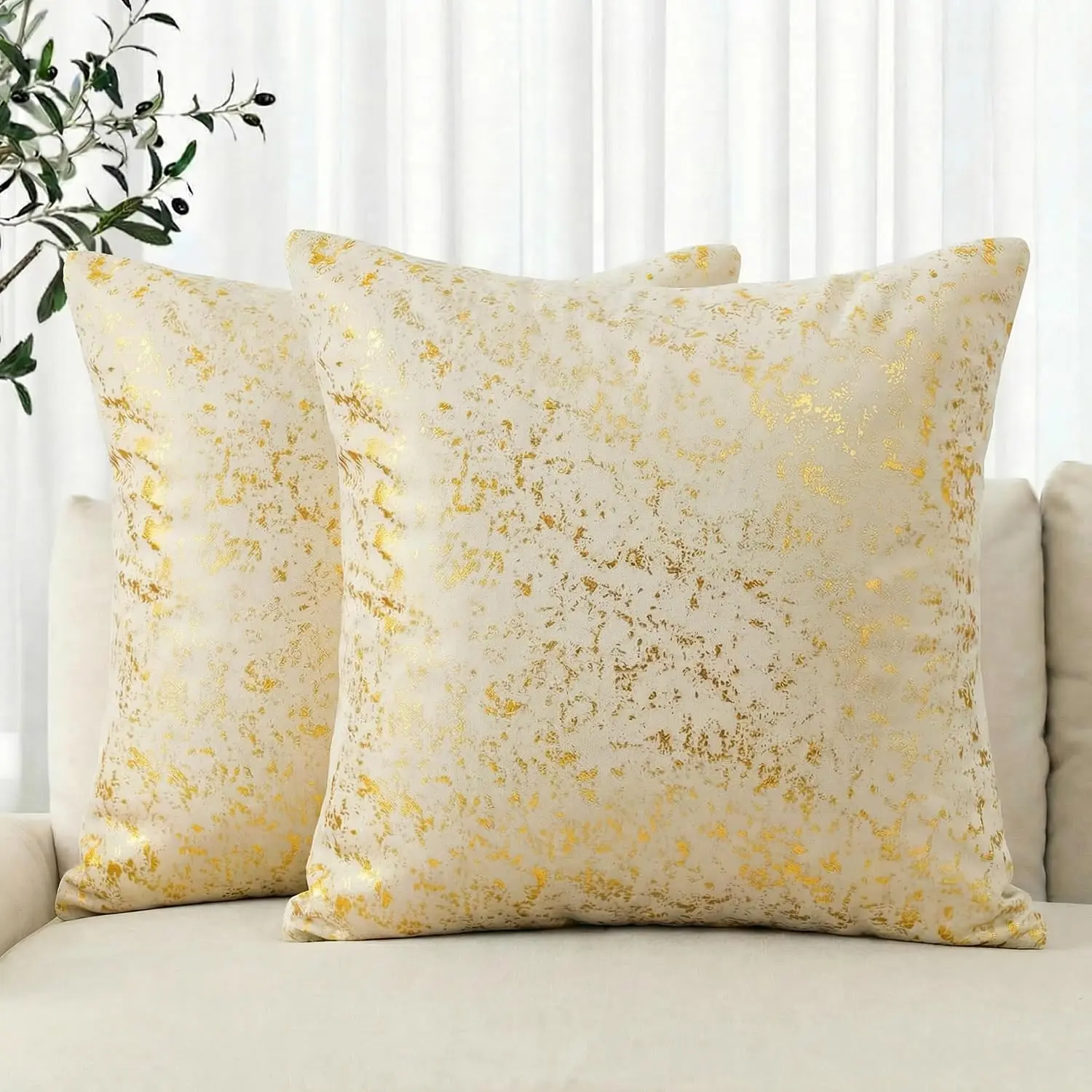 Foil  Throw Pillow Covers 16 x 16 Inch, Beige Luxury Accent Cushion Case Glitter Decoration for  Sofa Couch Set of 2