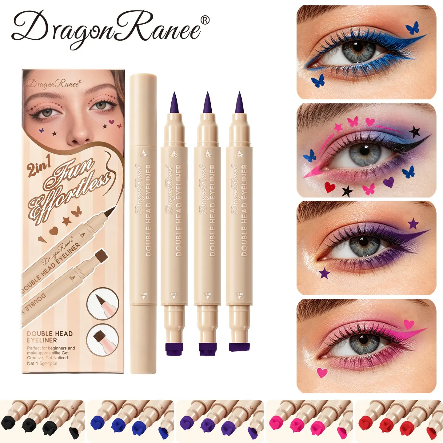 Waterproof Dual-Ended Eyeliner Pen, Heart Star Butterfly Design, Perfect Corner and Outer Eye Shape, 4-Piece Set, Multiple Colors Available, Eyeliner Kit