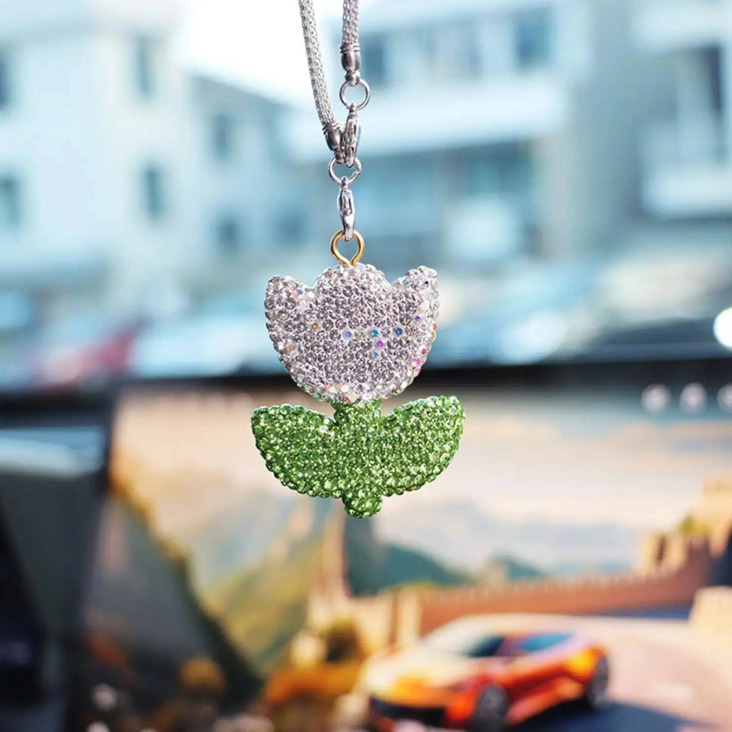 Purple Rhinestone Tulip Rearview Mirror Charm, Sparkly Crystal Flower Car Hanging Ornament, Cute Bling Auto Interior Decor for Women & Girls, Stylish Car Accessory for Daily Driving, Travel & Gifts sohochic