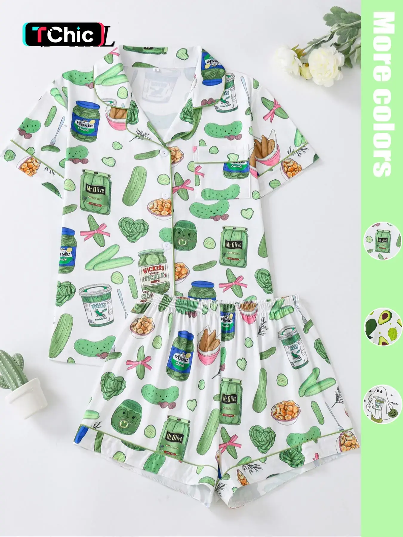 2-Piece Vegetable Print Women's Pajama Set, Button-Up Short Sleeve Top and Comfortable Shorts, Elegant Sleepwear and Loungewear for All-Season Wear, Pyjamas
